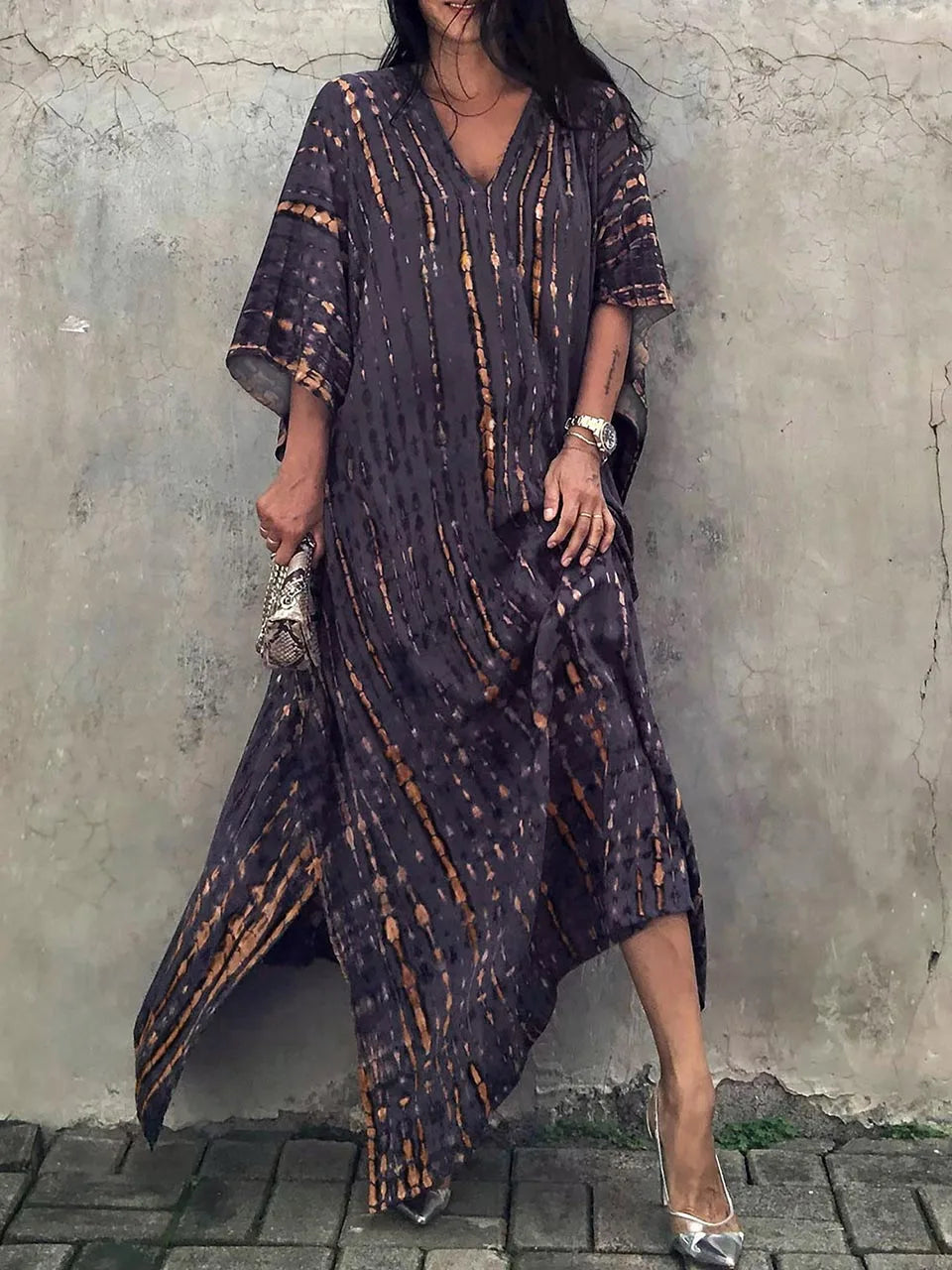 Women's patterned summer maxi dress, a stylish caftan for relaxed resort wear.