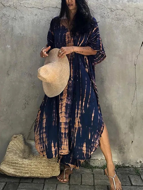 Flowy resort wear caftan maxi dress for women, ideal for sunny summer days.