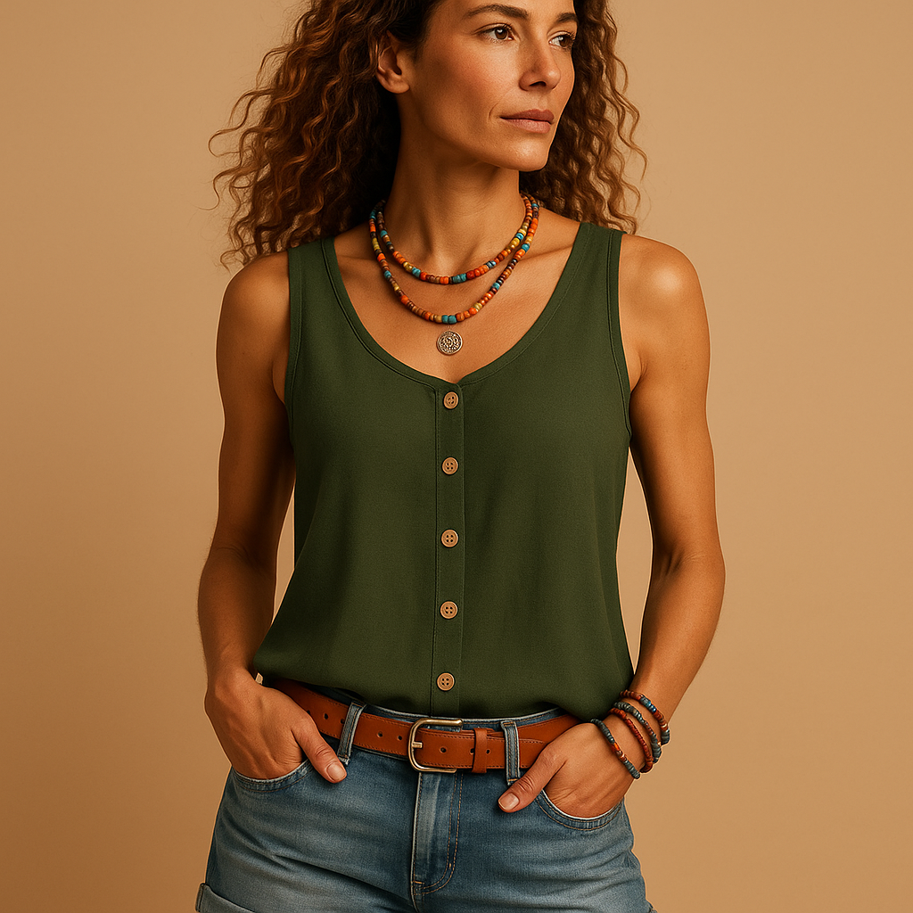 Women's breezy sleeveless V-neck button-down top. Relaxed fit for ultimate summer comfort & casual wear.