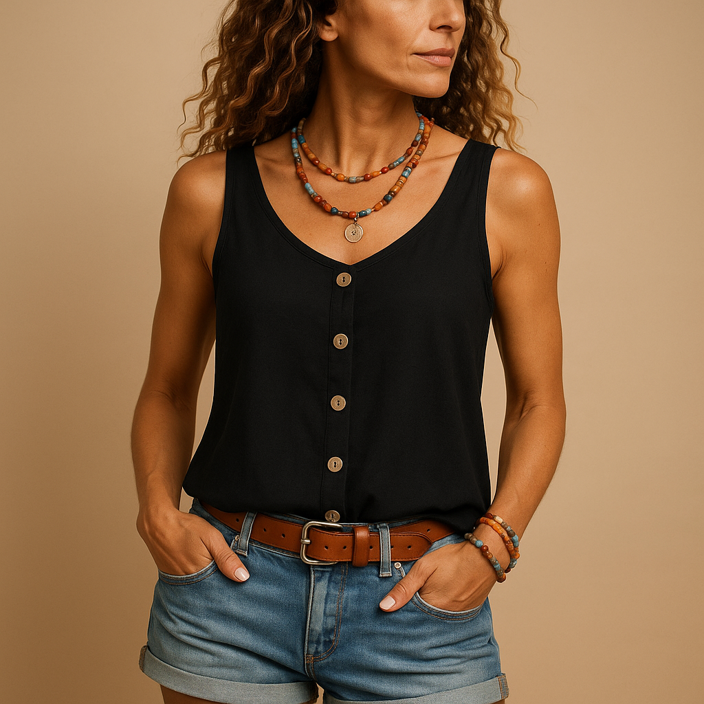 Lightweight women's sleeveless V-neck button-down top. Breezy summer apparel with a relaxed fit for comfort.