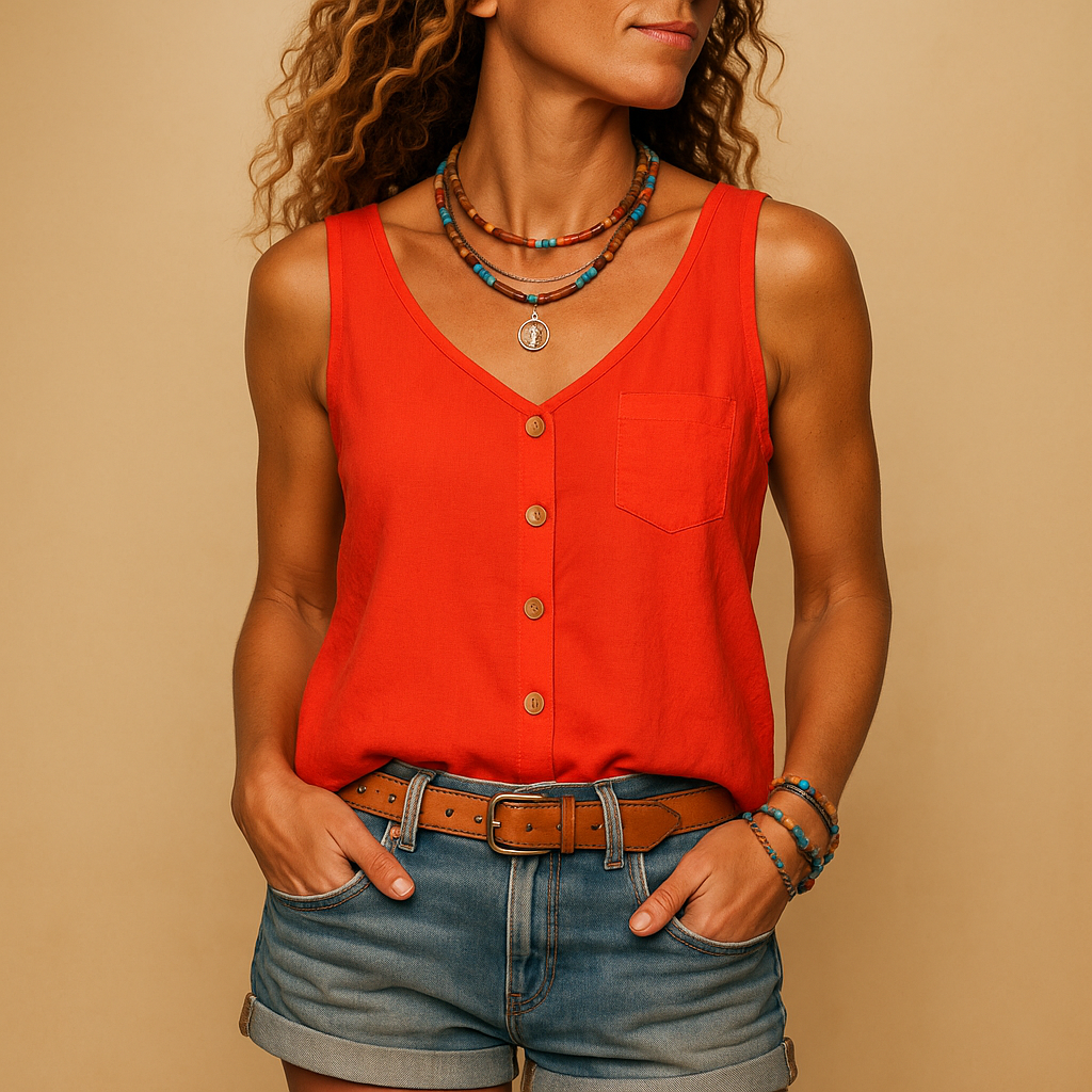 Women's casual sleeveless V-neck button-down top. Breezy, relaxed fit, vibrant colors for spring & summer fashion.