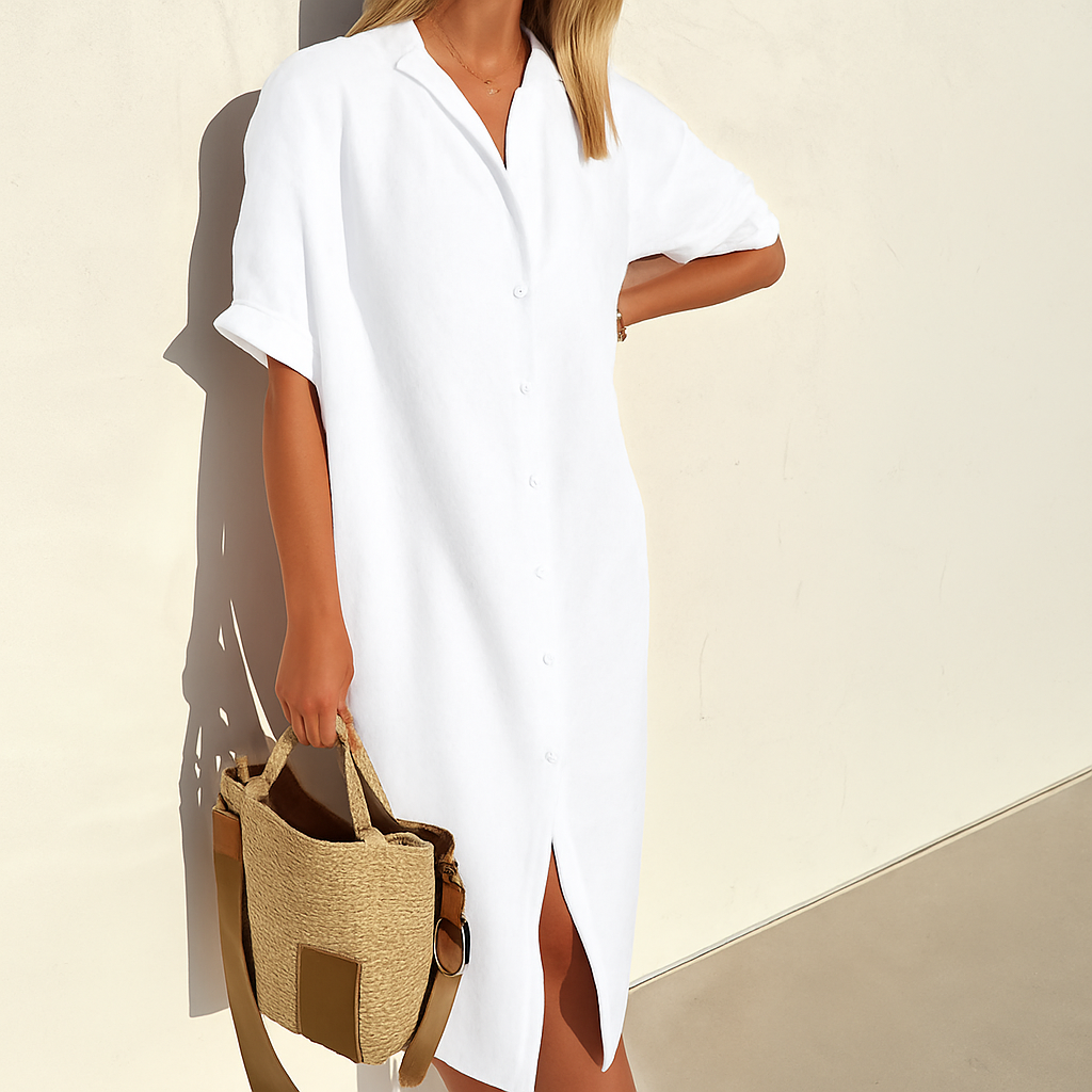 Women's breezy summer shirt dress, relaxed fit midi with button-down front, perfect for warm weather casual style.