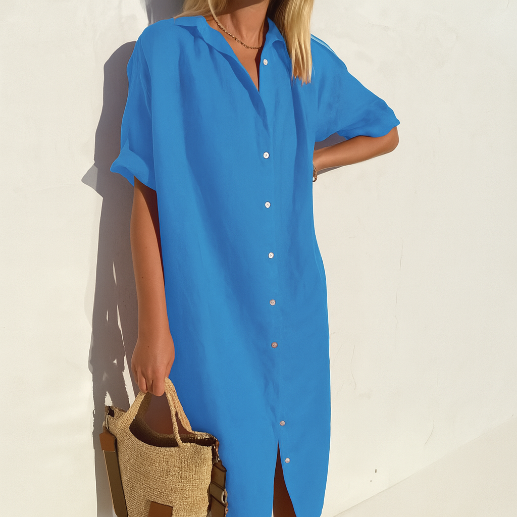 Comfortable women's summer shirt dress, a breezy button-down midi for warm weather, ideal for day dress fashion.