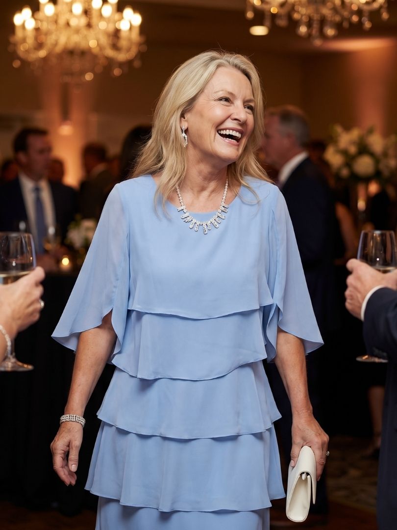 Full length shot of the women's flowy tiered midi dress, emphasizing its effortless silhouette.