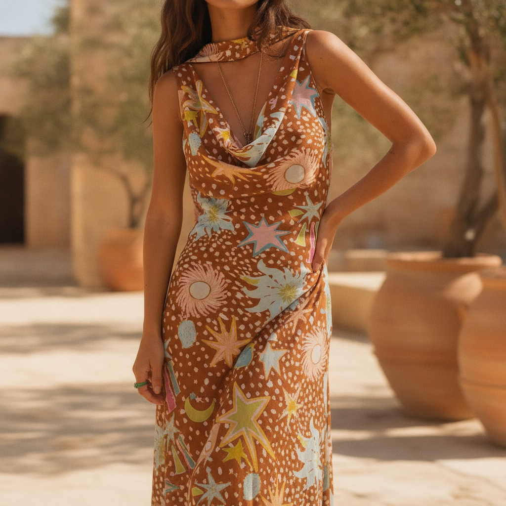 Women's brown fawn print cowl neck halter maxi dress, elegant for resort and vacation wear.