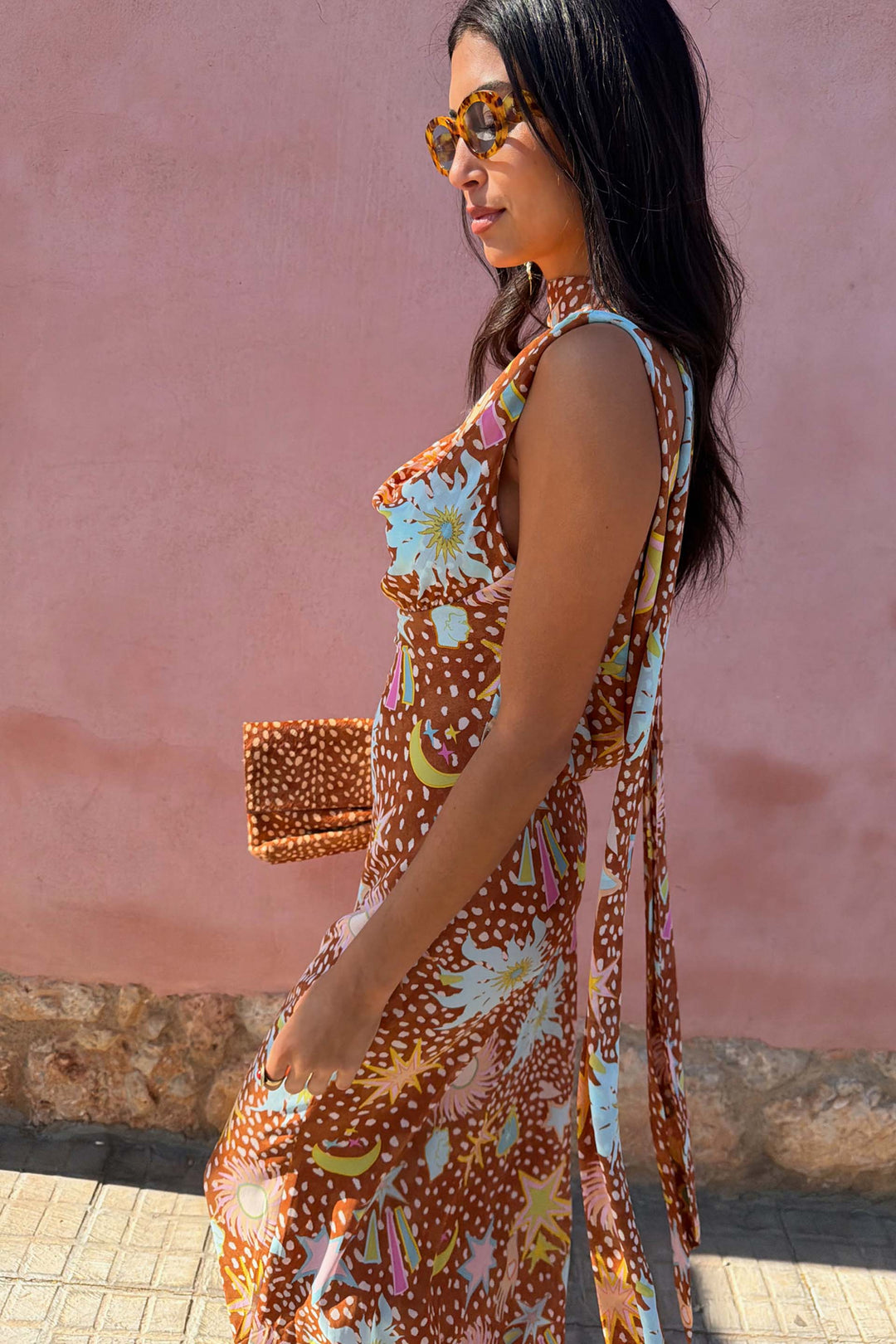 Women's vacation-ready brown fawn print halter dress, a flowy cowl neck and comfortable maxi length.