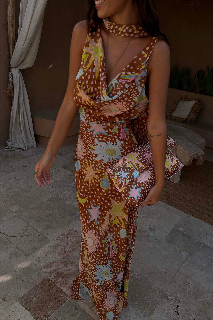 Beautiful brown fawn print women's maxi dress, a unique cowl neck halter, perfect for summer days.