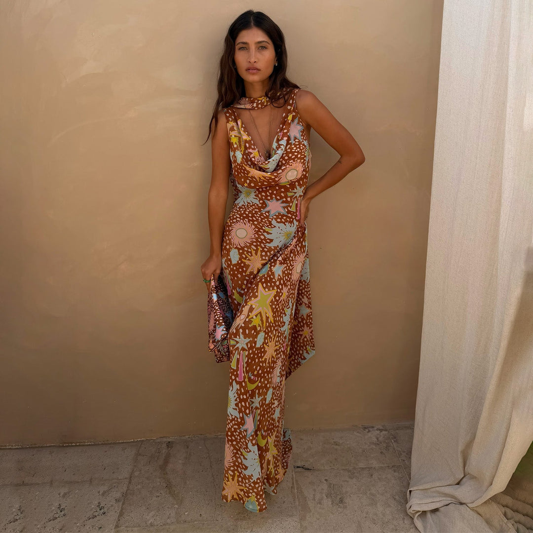 Chic women's halter house dress with a stylish cowl neck & brown fawn print, perfect for summer.