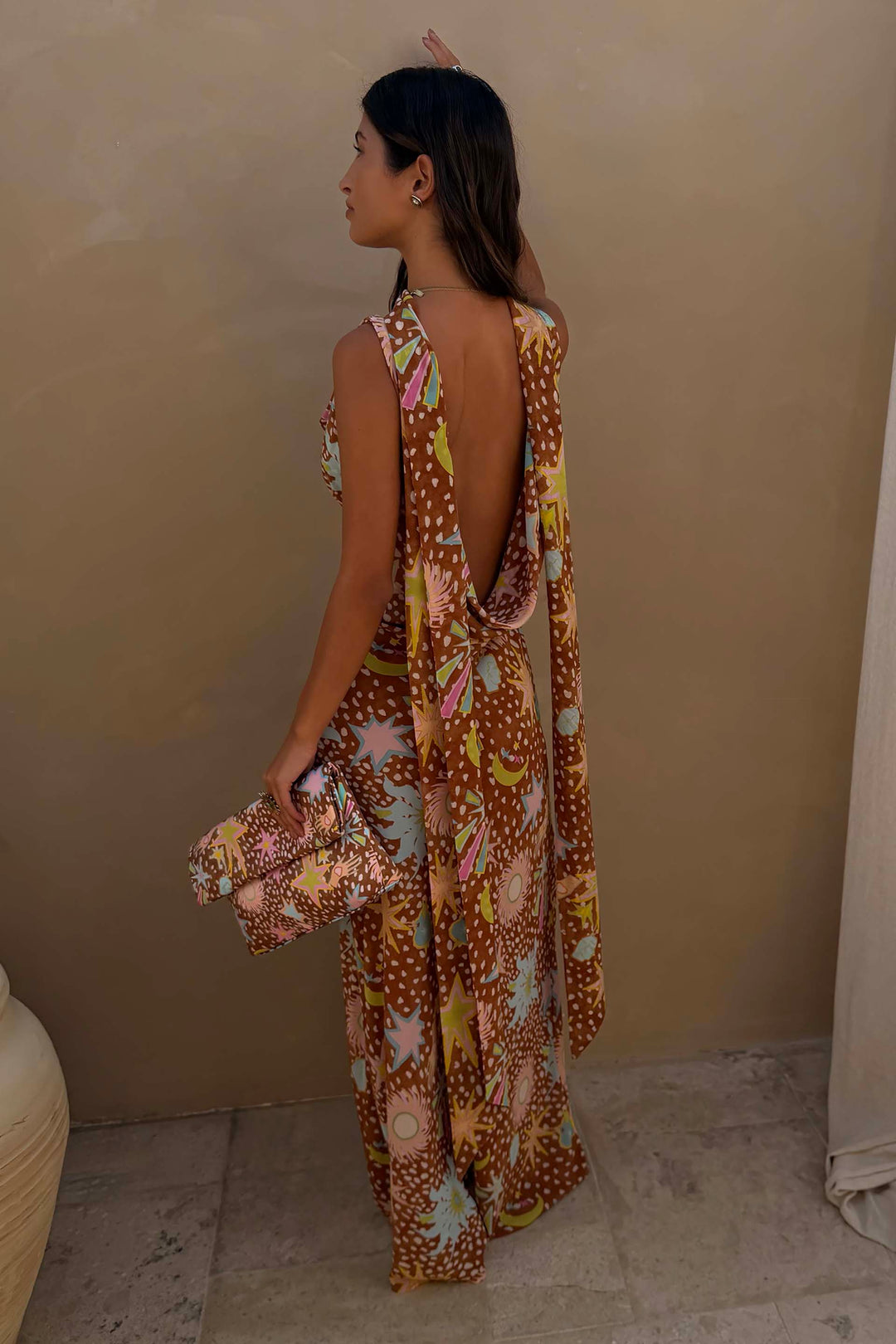Versatile women's brown fawn print halter maxi dress with cowl neck and detachable scarf.