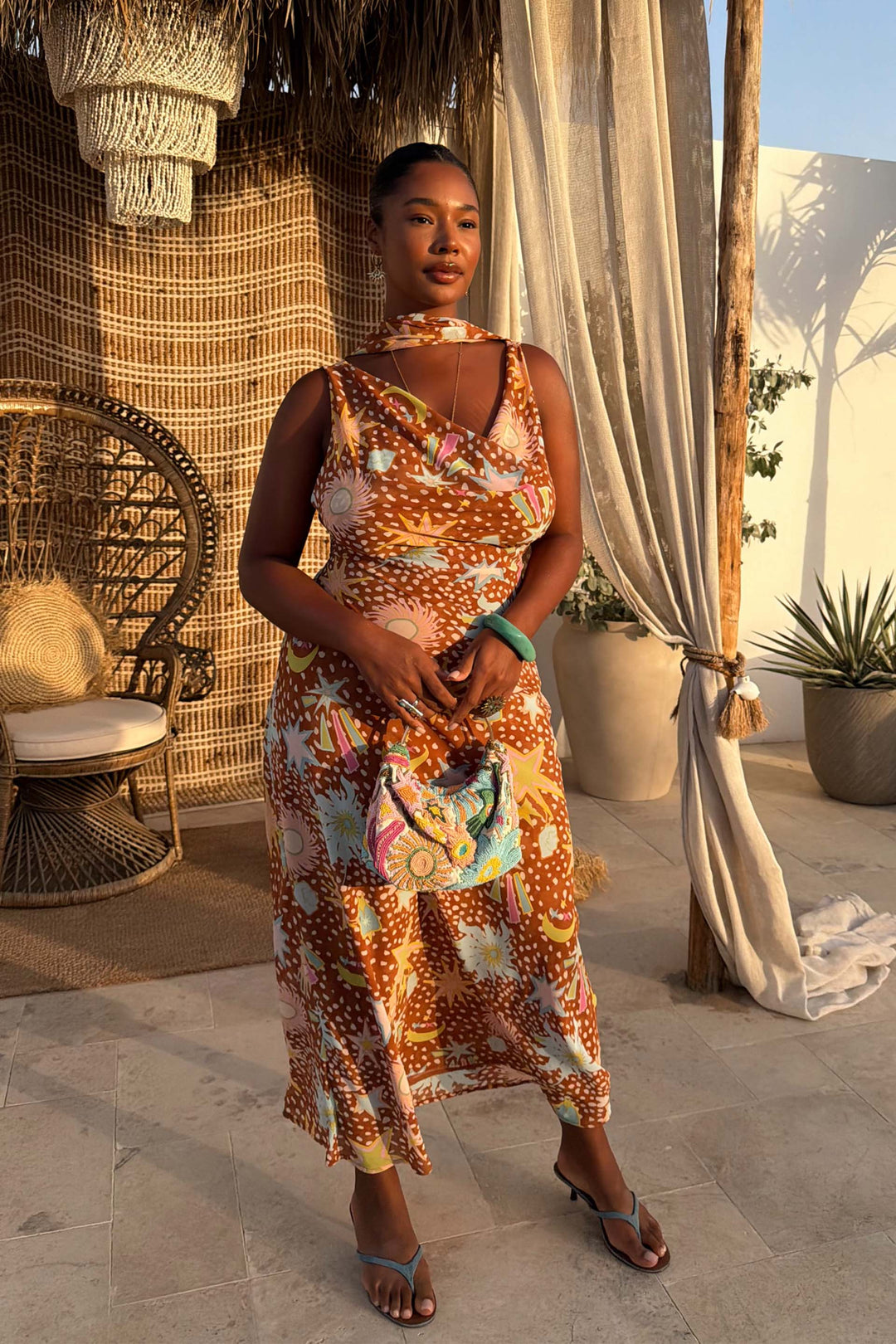 Brown fawn print women's elegant house dress, a flattering halter neck and draped cowl detail.