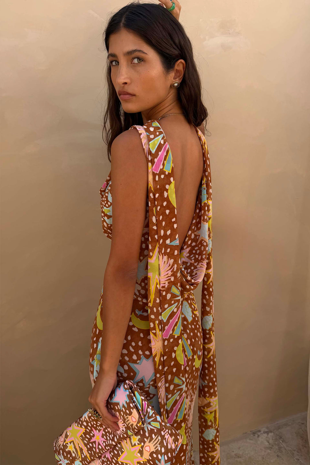 Women's low back brown fawn print maxi dress, a chic halter with cowl neck for occasion wear.