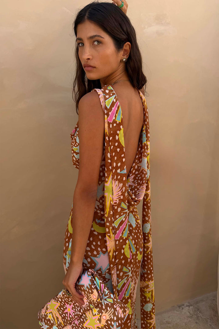 Women's low back brown fawn print maxi dress, a chic halter with cowl neck for occasion wear.