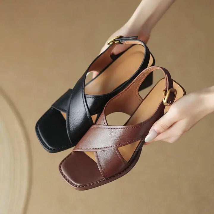 Women's brown leather fisherman crossover block heel slingback sandals for stylish summer comfort.