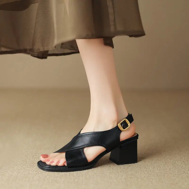 Comfortable women's leather fisherman sandals with a stylish crossover design and sturdy block heel.
