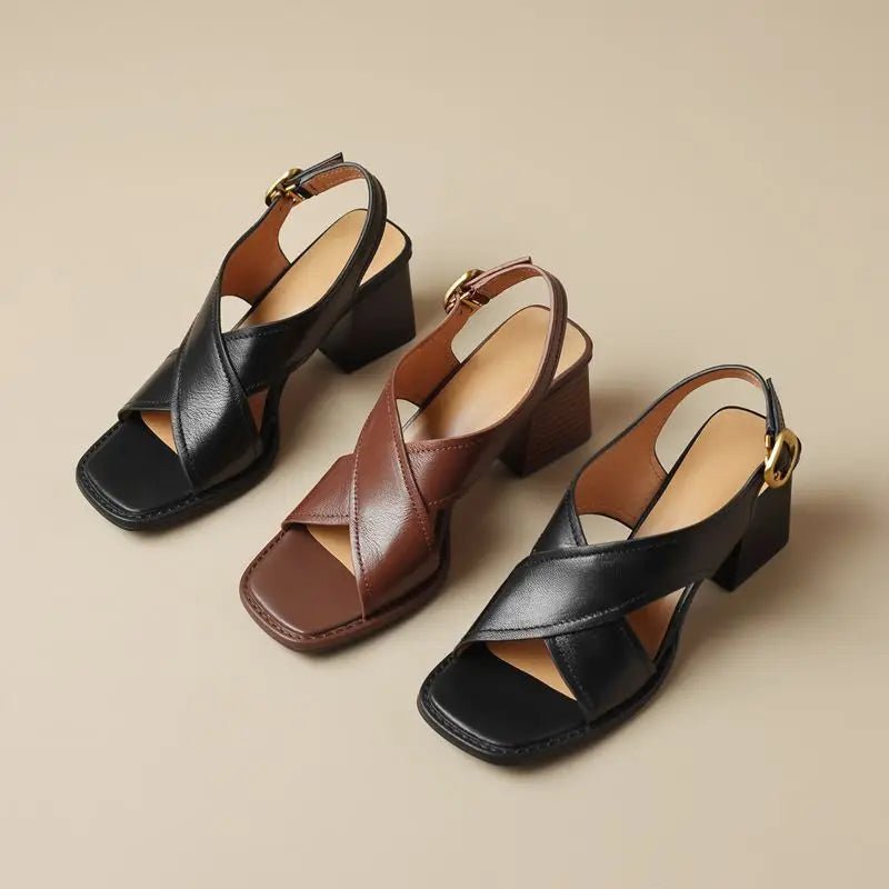Stylish women's slingback sandals with a comfortable block heel and chic leather crossover straps.