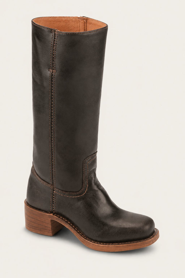 Women's khaki leather knee-high block heel boots. Chic fall/winter footwear, perfect for versatile fashion.