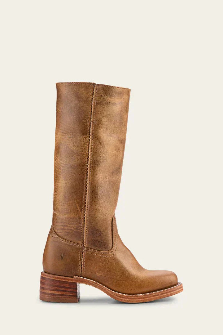 Chic women's khaki knee-high leather boots. Block heel design offers elegant style for fall and winter.