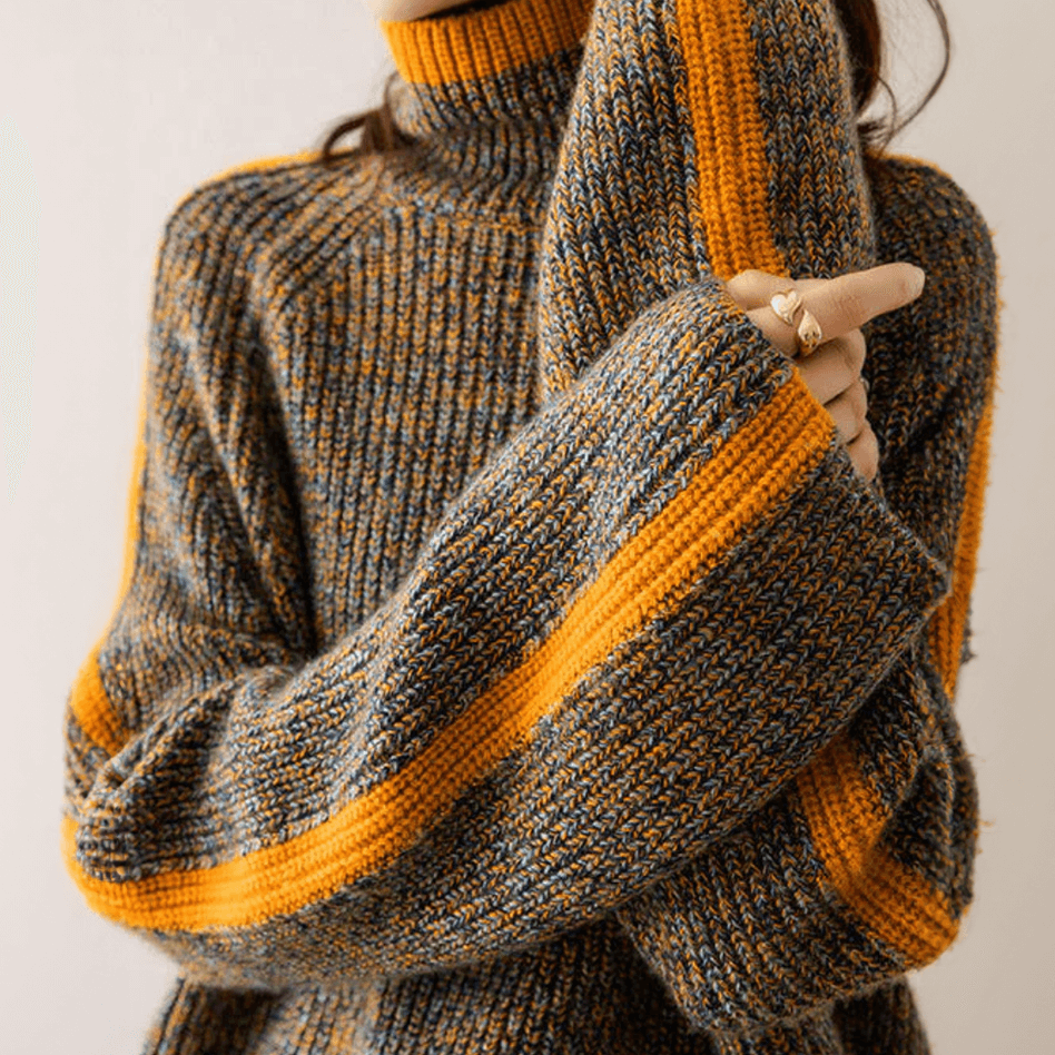 Women's brown mixed knit turtleneck sweater, perfect for cozy and stylish winter fashion.