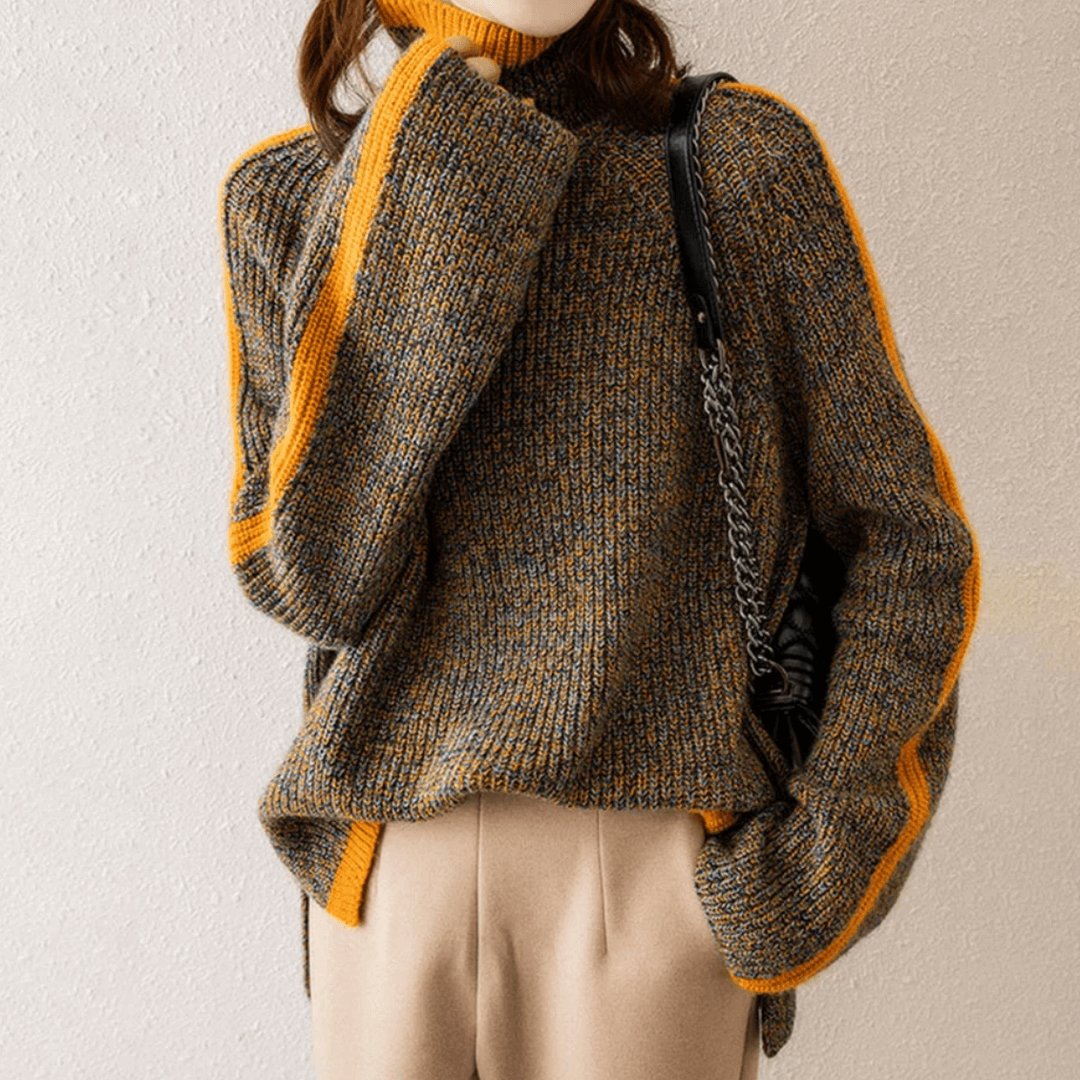 Warm women's long sleeve brown turtleneck sweater in a mixed knit, ideal for casual cozy winter wear.