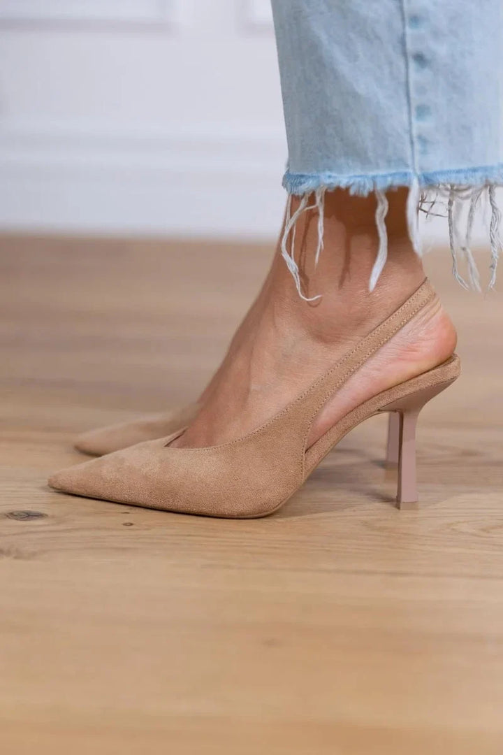 Stylish brown pointed-toe slingback stiletto heels, perfect for office, party, or formal events.