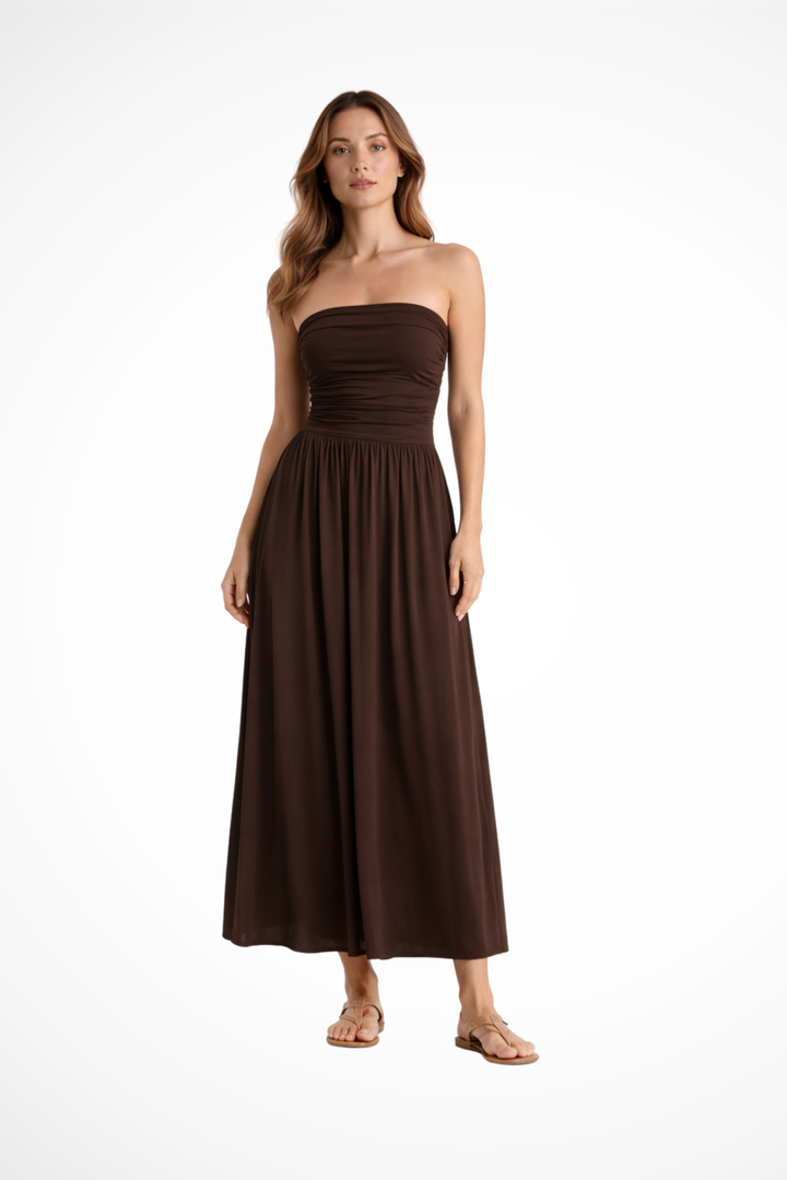 Women's brown strapless pleated maxi summer dress, elegant and flowing.