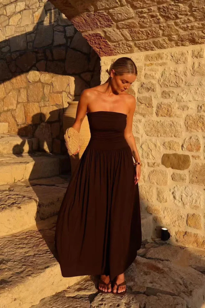 Brown pleated strapless maxi dress, a formal yet comfortable long summer dress for women.