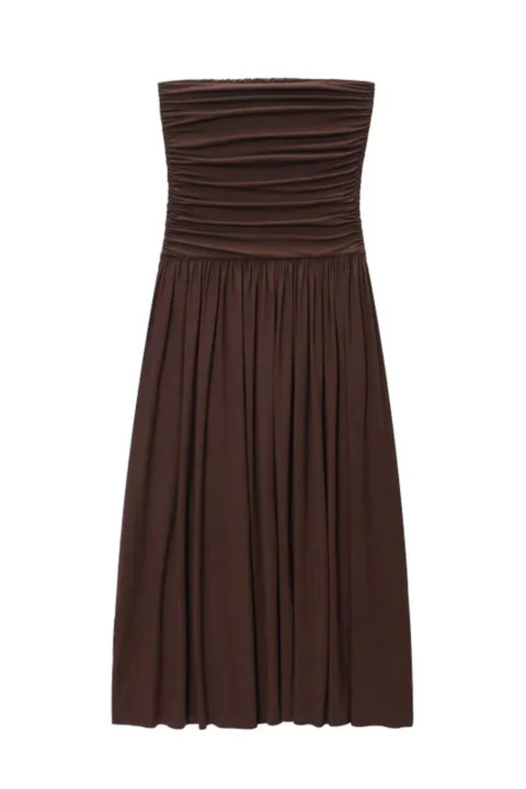Women's versatile brown strapless maxi dress with pleats, suitable for casual or party wear.
