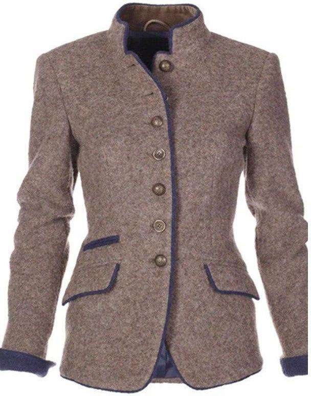 Elegant women's brown tailored blazer with stand collar. Versatile professional jacket for formal or business attire.