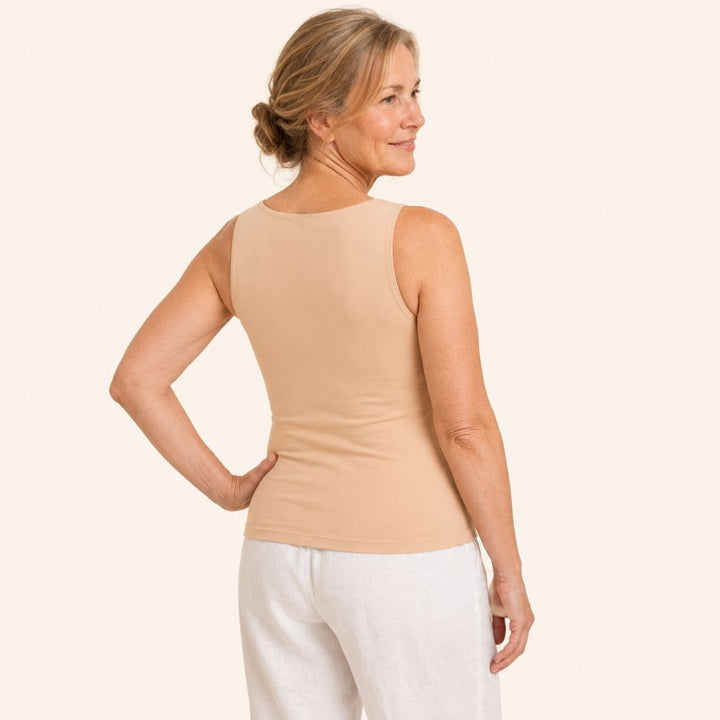 Close-up of women's built-in bra shaper tank top, highlighting smooth fabric & supportive design.