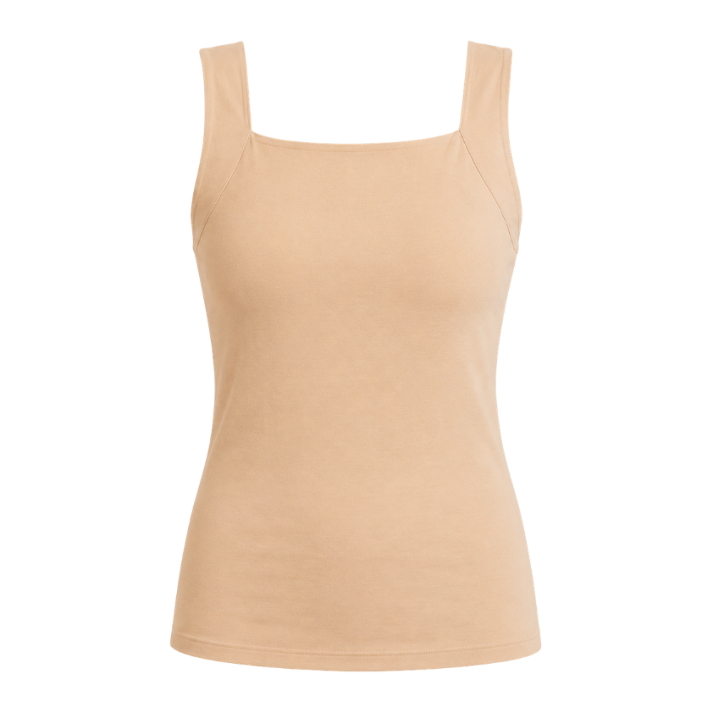 Model wearing women's built-in bra shaper tank top, showcasing its smoothing effect & comfort.