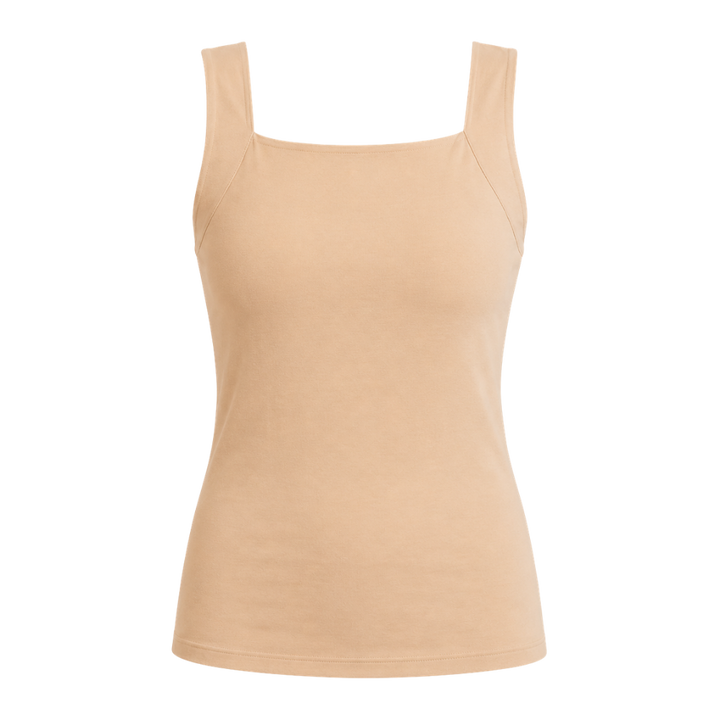 Model wearing women's built-in bra shaper tank top, showcasing its smoothing effect & comfort.