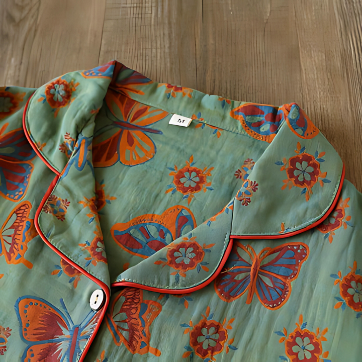 Women's stylish two-piece cotton loungewear set featuring a lovely butterfly print, ideal for home.