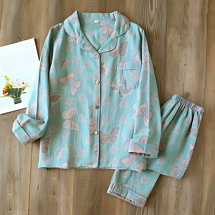 Cozy women's butterfly print cotton pajama set, perfect 2-piece gift for relaxation & comfy wear.