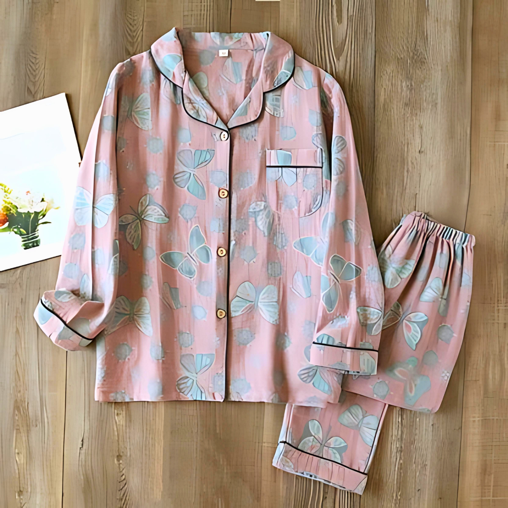 Women's 2-piece cotton loungewear set featuring a charming butterfly print design, soft & comfy.