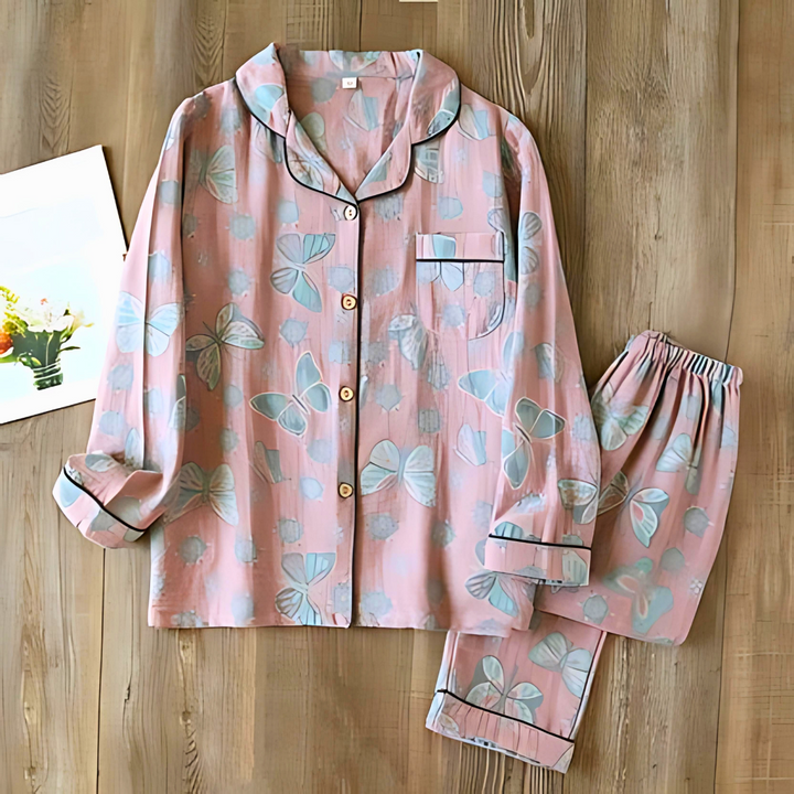 Women's 2-piece cotton loungewear set featuring a charming butterfly print design, soft & comfy.