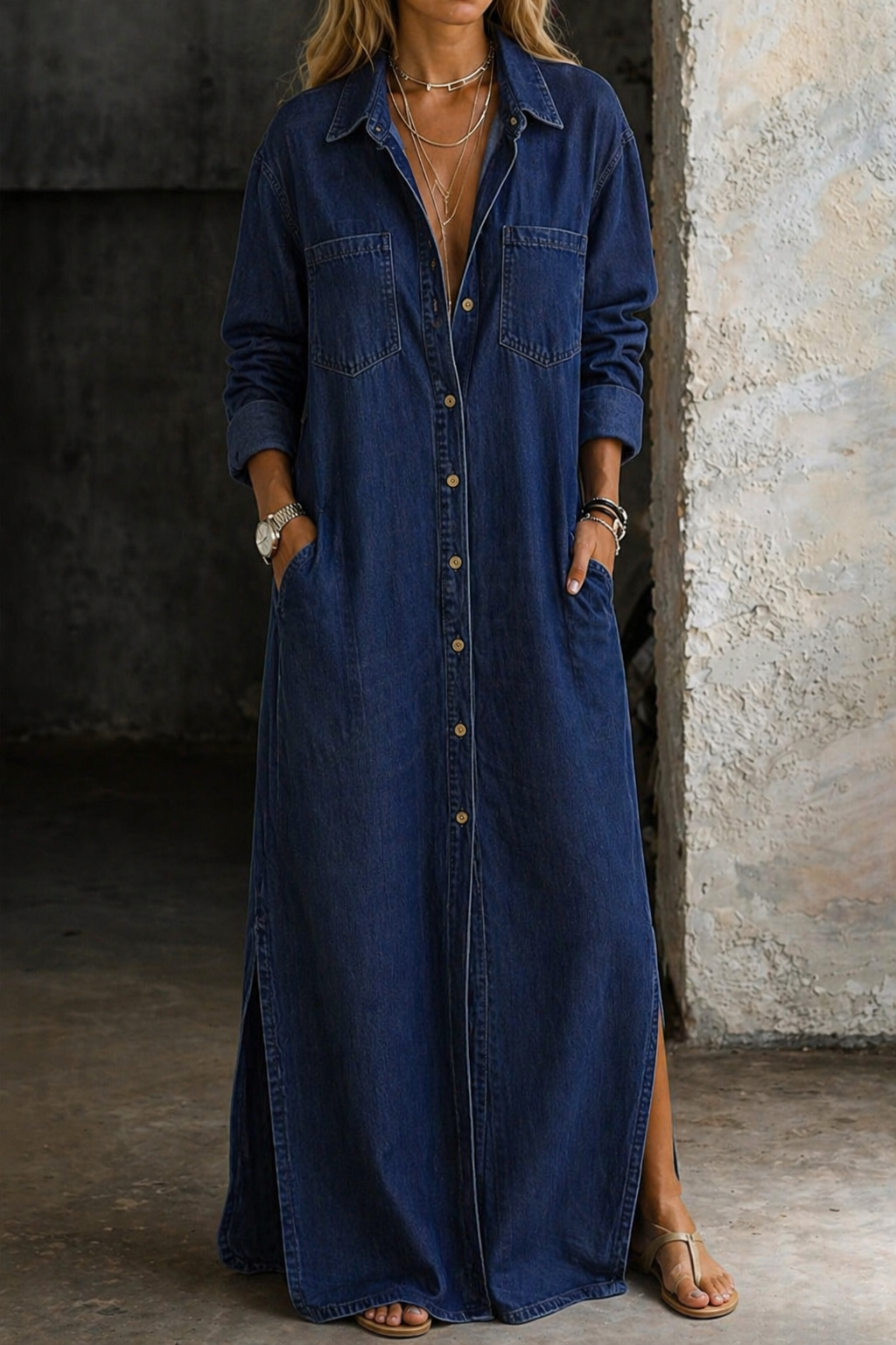 Comfortable women's longline dress with a button-down front, collar, and practical pockets for everyday fashion.