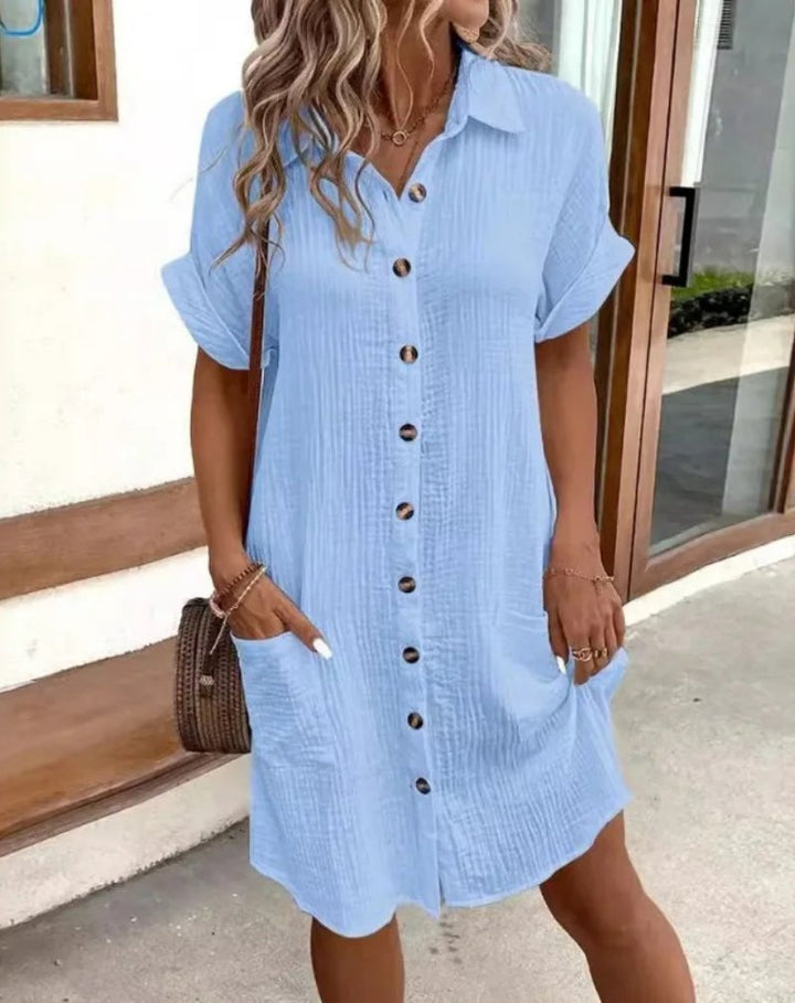 Versatile women's button-down shirt dress, perfect as a casual summer dress, beach coverup, or everyday wear.