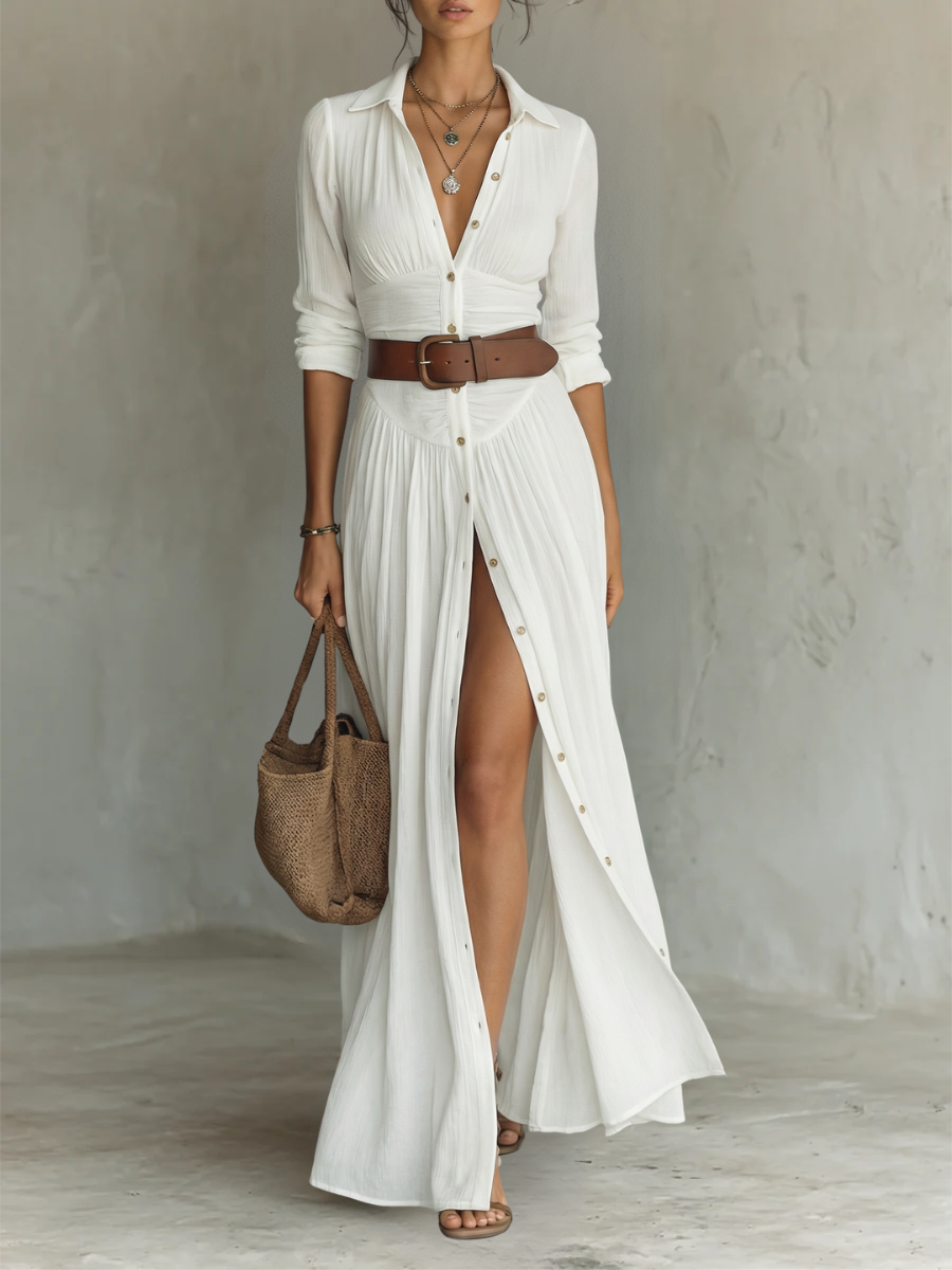 Women's button-down maxi dress, long sleeves, collared, ruched waist. Effortless casual elegant style.