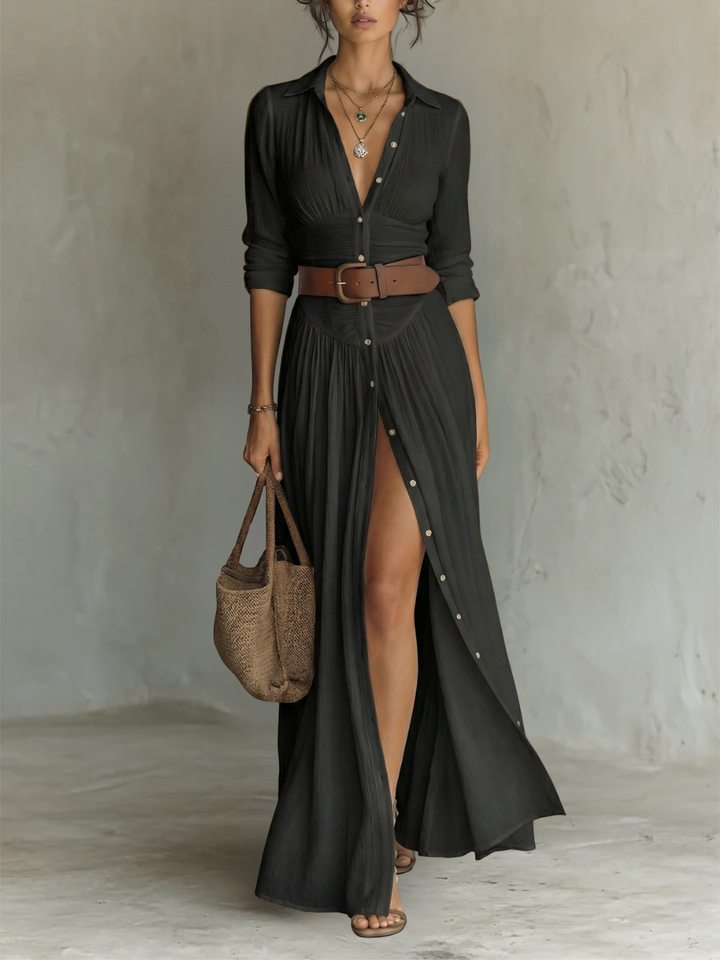 Stylish women's long sleeve button-down maxi dress, ruched waist, flowy. Ideal for casual comfort or elegant events.