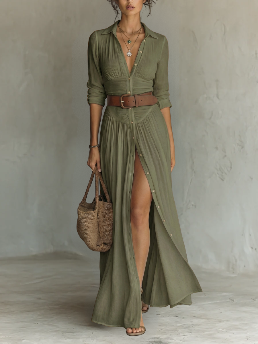 Elegant women's button-down maxi dress, long sleeves, ruched waist, flowy silhouette. Great spring & fall versatile dress.