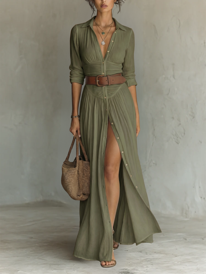 Elegant women's button-down maxi dress, long sleeves, ruched waist, flowy silhouette. Great spring & fall versatile dress.