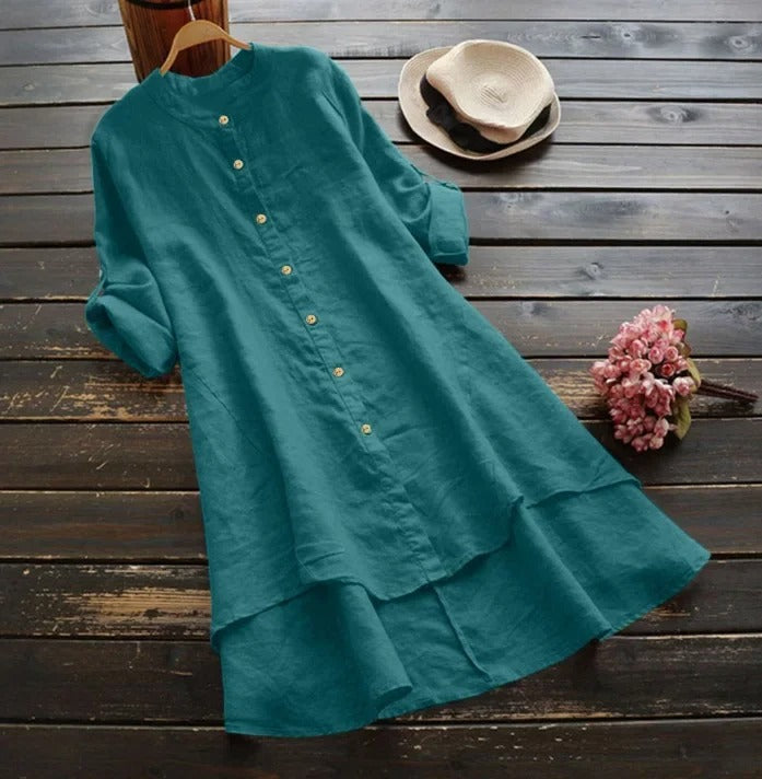Elegant long sleeve button-down midi dress for women. Chic layered hem, perfect for casual outings.