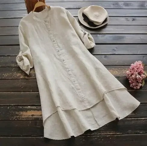 Women's chic button-down shirt dress, midi length. Features a stylish layered hem & long sleeves.