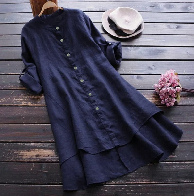 Versatile women's midi shirt dress with button-down front. Layered hem design, great for spring/summer.