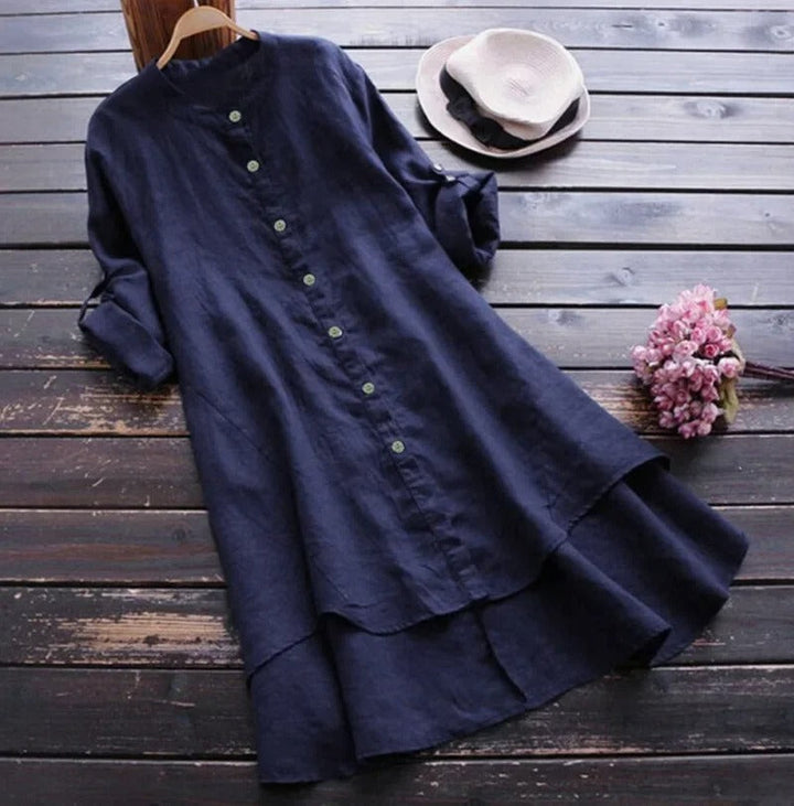 Versatile women's midi shirt dress with button-down front. Layered hem design, great for spring/summer.