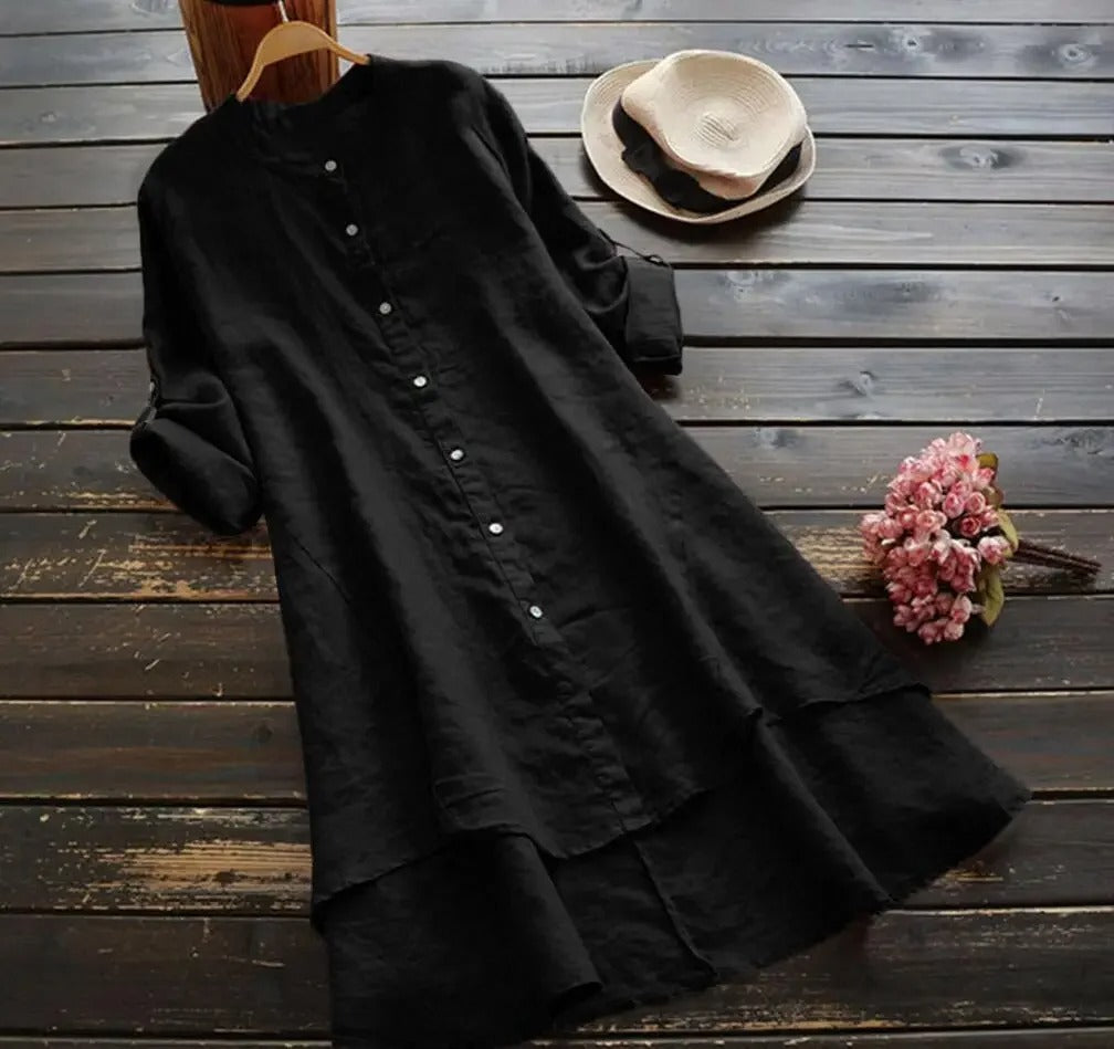 Perfect spring/summer midi shirt dress for women. Button-down front & chic layered hem for casual elegance.
