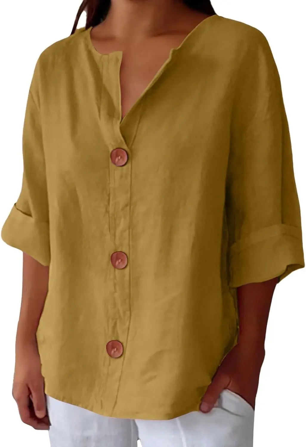 Relaxed fit women's linen blouse, button front, three-quarter sleeves, a comfortable & stylish everyday top.