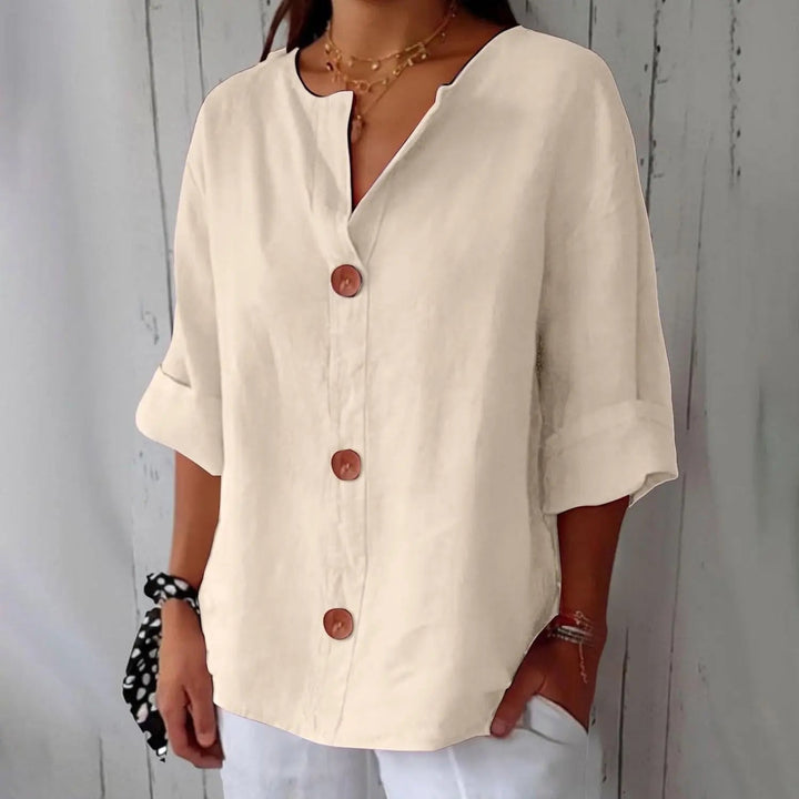 Breathable linen button front blouse for women, three-quarter sleeves, a versatile and chic summer top.
