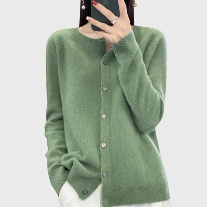 Women's button-front round neck cardigan, a versatile layering piece for chic everyday wear.