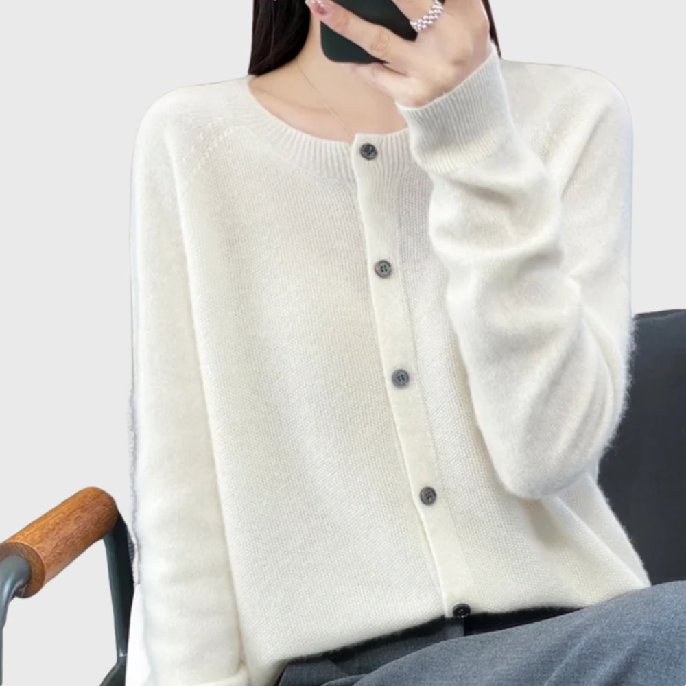 Soft women's long sleeve round neck cardigan. Button-front for easy everyday wear and comfort.